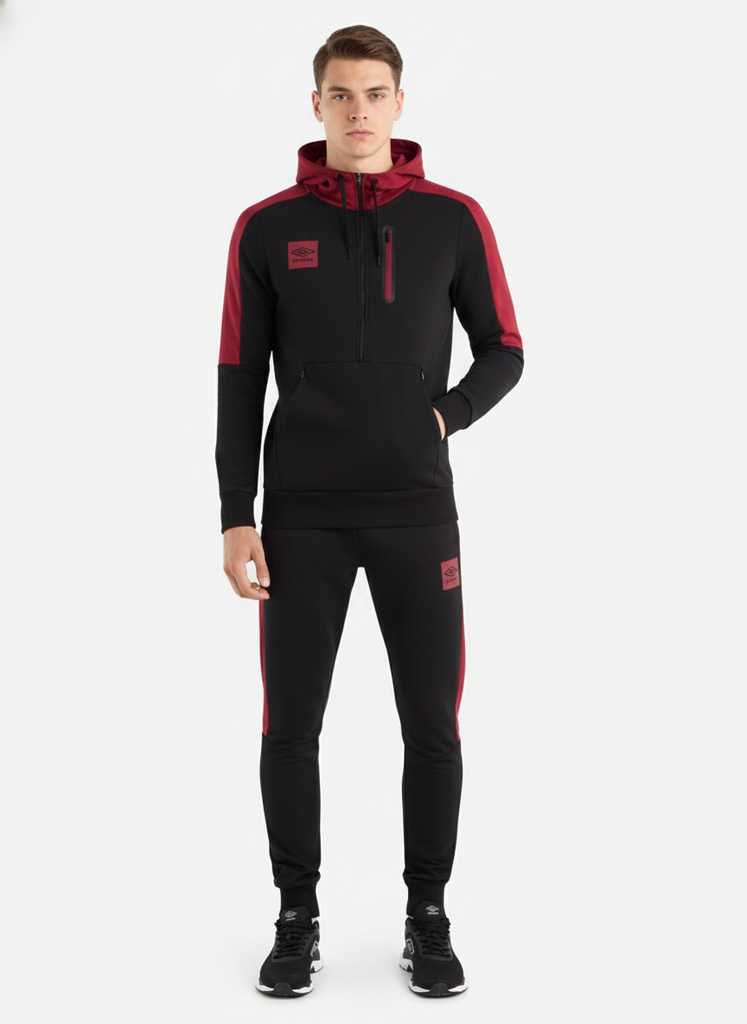 Umbro Tracksuit Terrace Half Zip Hoodie And Terrace Jogger Black / Tibetan Red